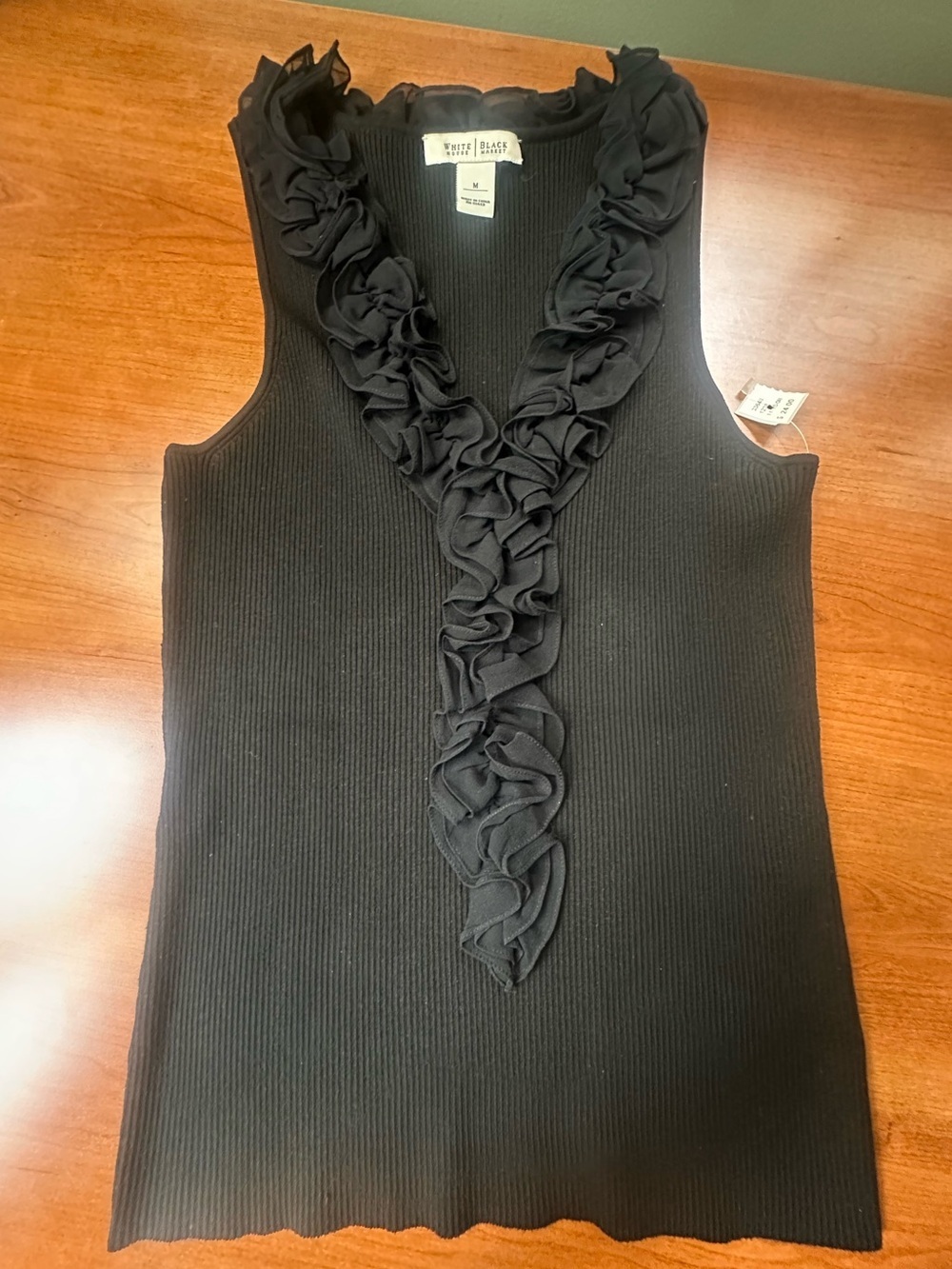 White House Black Market Black Knit Ribbed V-Neck Ruffle Tank Sz M Summer